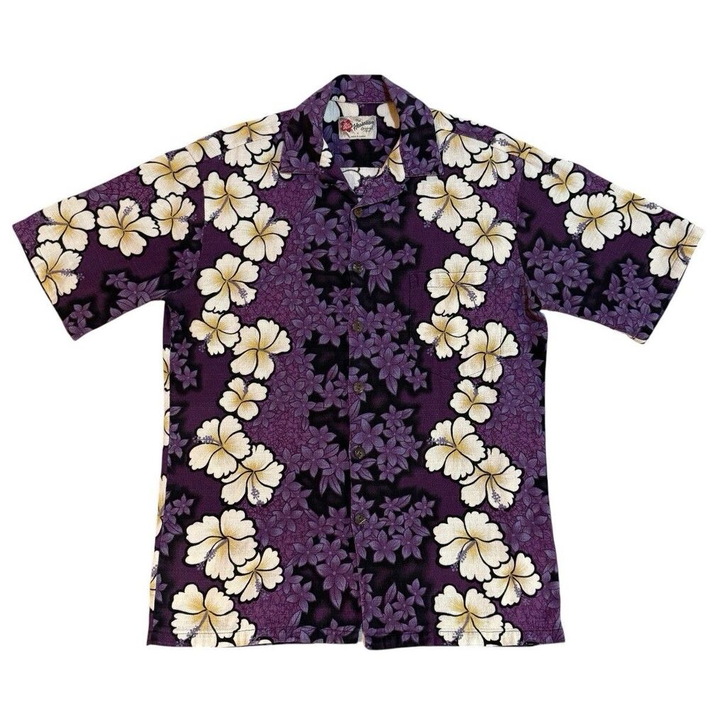 Vintage Hilo Hattie Hawaiian Button Shirt Mens Small Purple Floral Cotton Hawaii